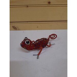 Red Beaded Wire Gecko Lizard Sculpture 5.5'' Long Chameleon Folk Are Figurine